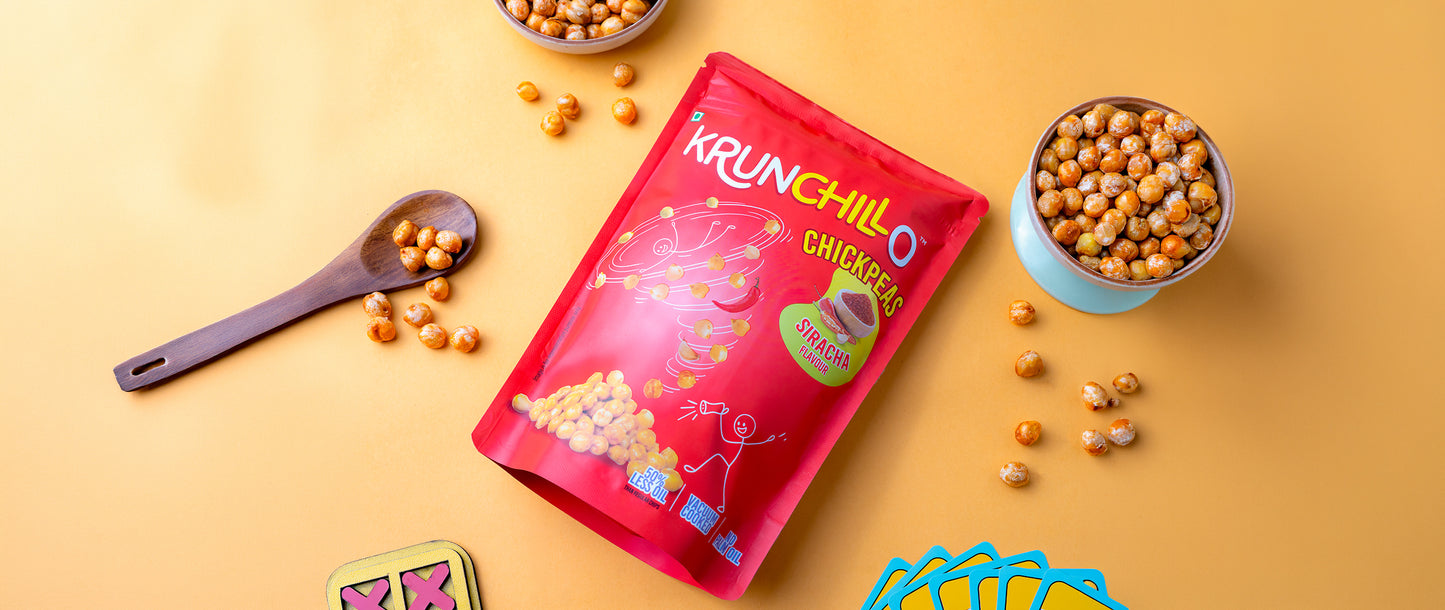 Krunchillo snack package with chickpeas on a yellow background