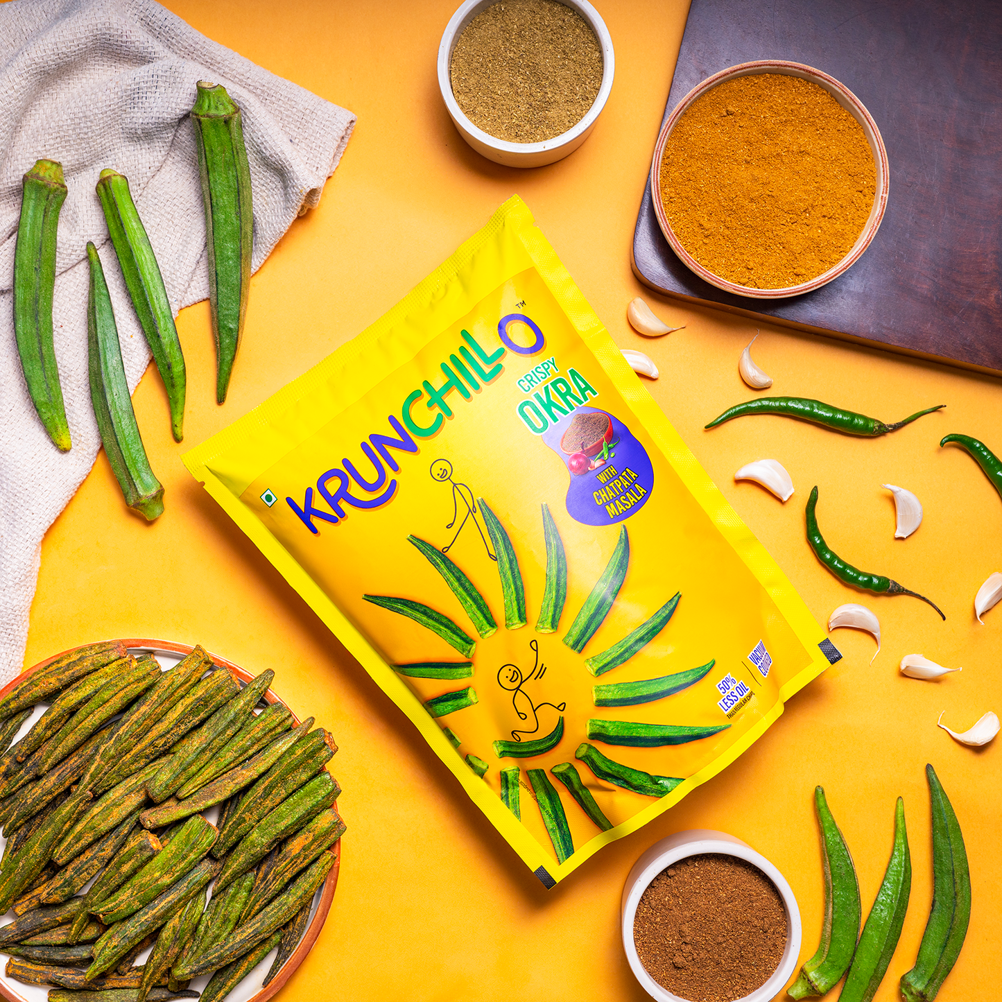 Krunchilo okra snack packaging with okra and spices on a yellow background