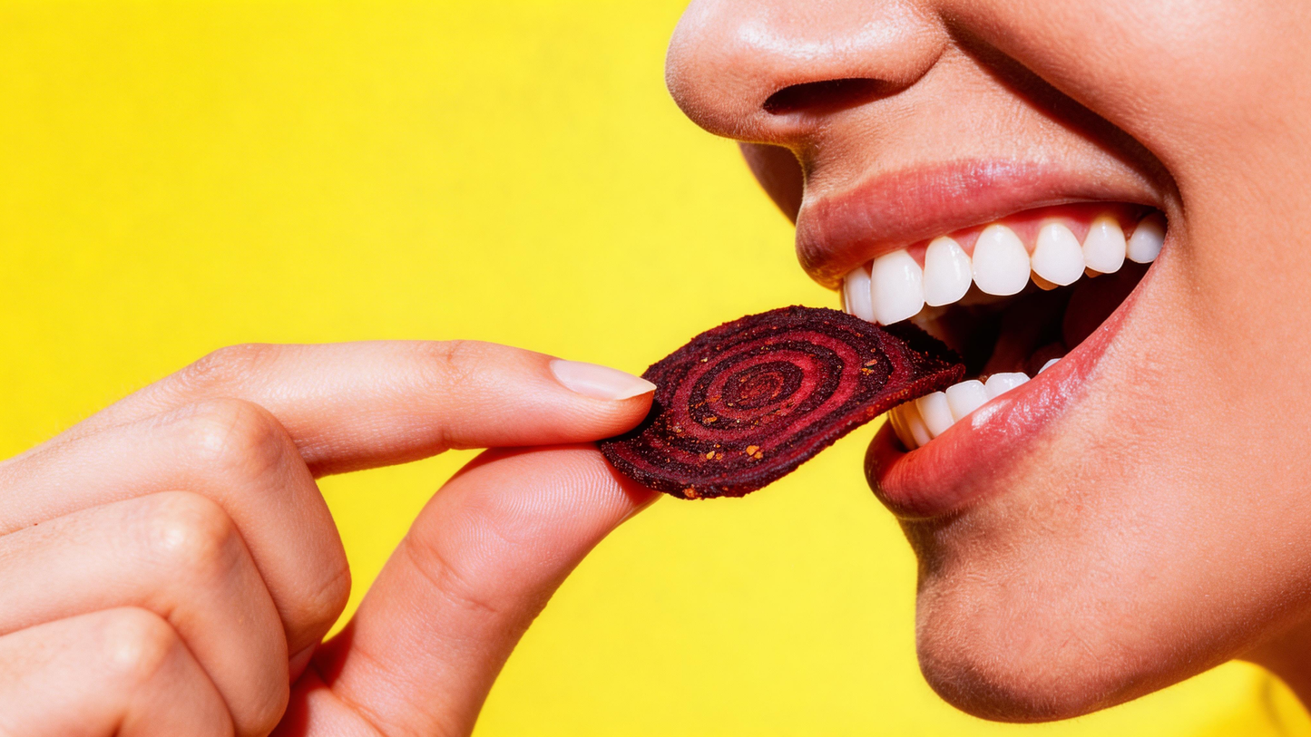 Person biting into a beetroot chip against a yellow background