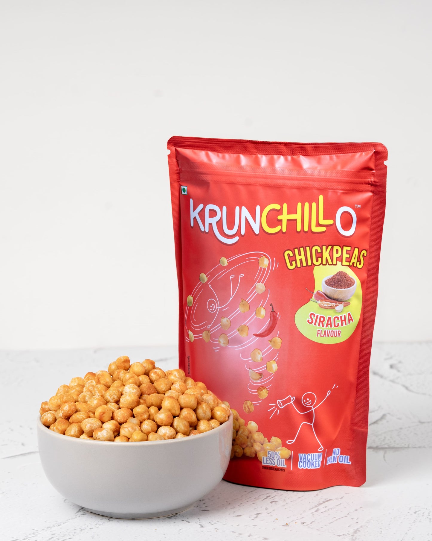 Krunchillo Sriracha Chickpeas packaging with a bowl of chickpeas on a white background