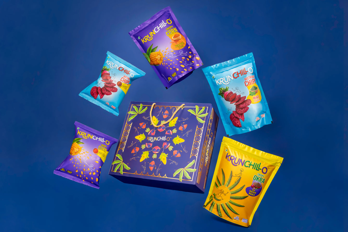 Colorful Krunchillo snack packages on a blue background