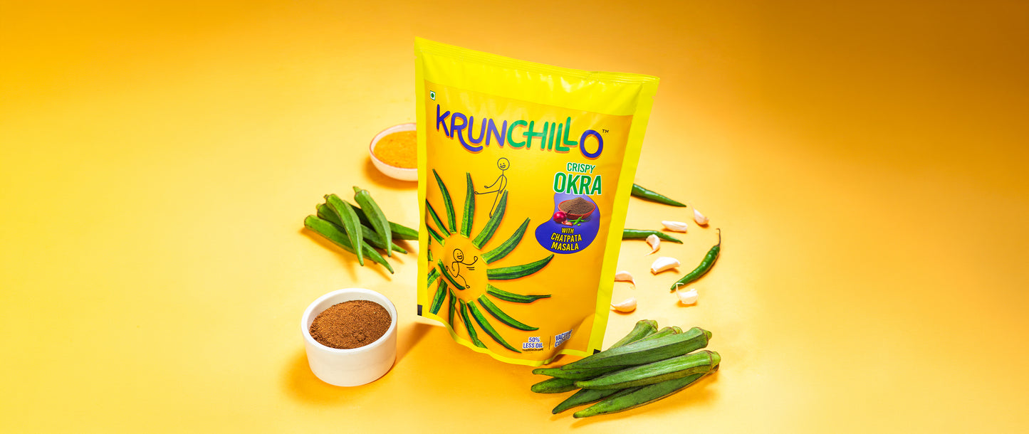 Krunchillo okra packaging with okra pods on a yellow background