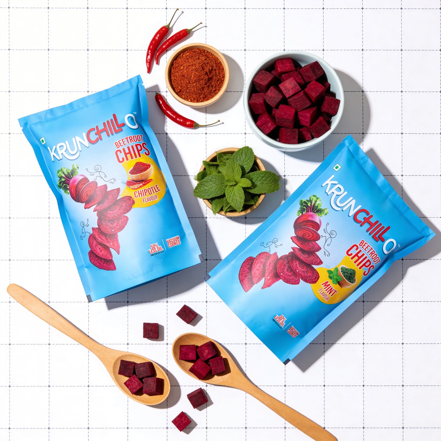 Krunchillo beetroot chips packaging with ingredients on a checkered background