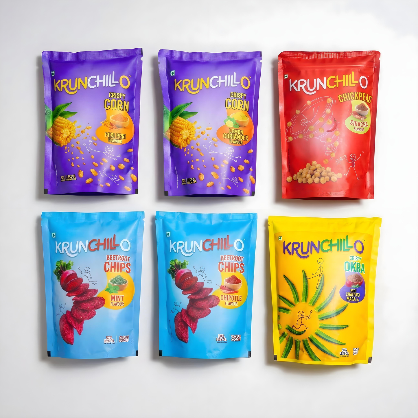 Six colorful packages of Krunchillo snacks on a white background