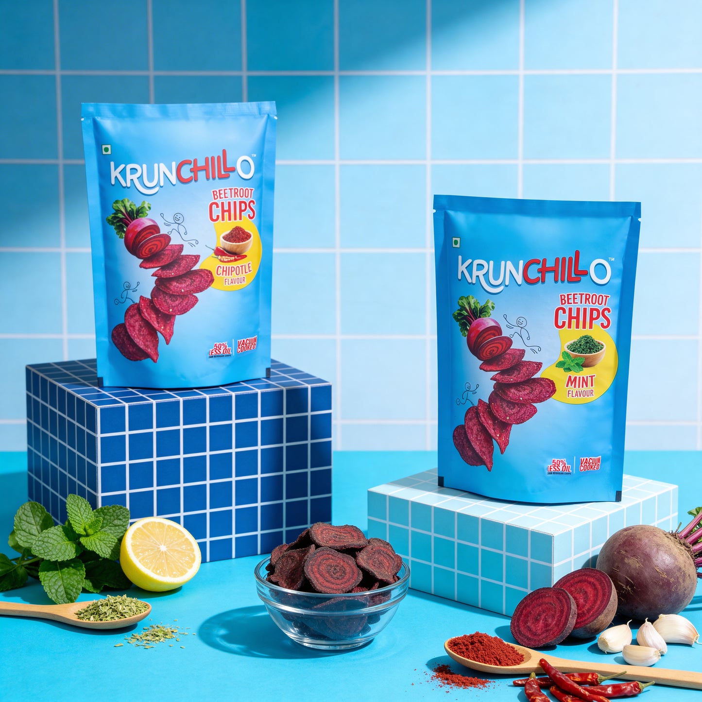 Two packages of Krunchillo beetroot chips on blue cube platforms with ingredients and a lemon on a blue tiled background.