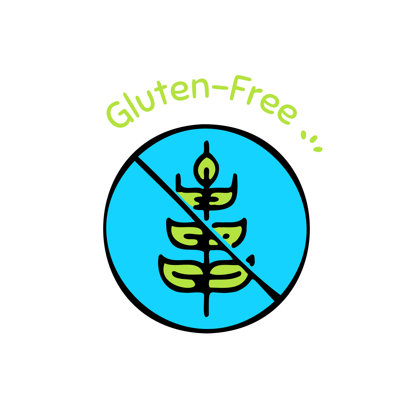 Gluten-free symbol with a blue circle and green leaves on a gray background