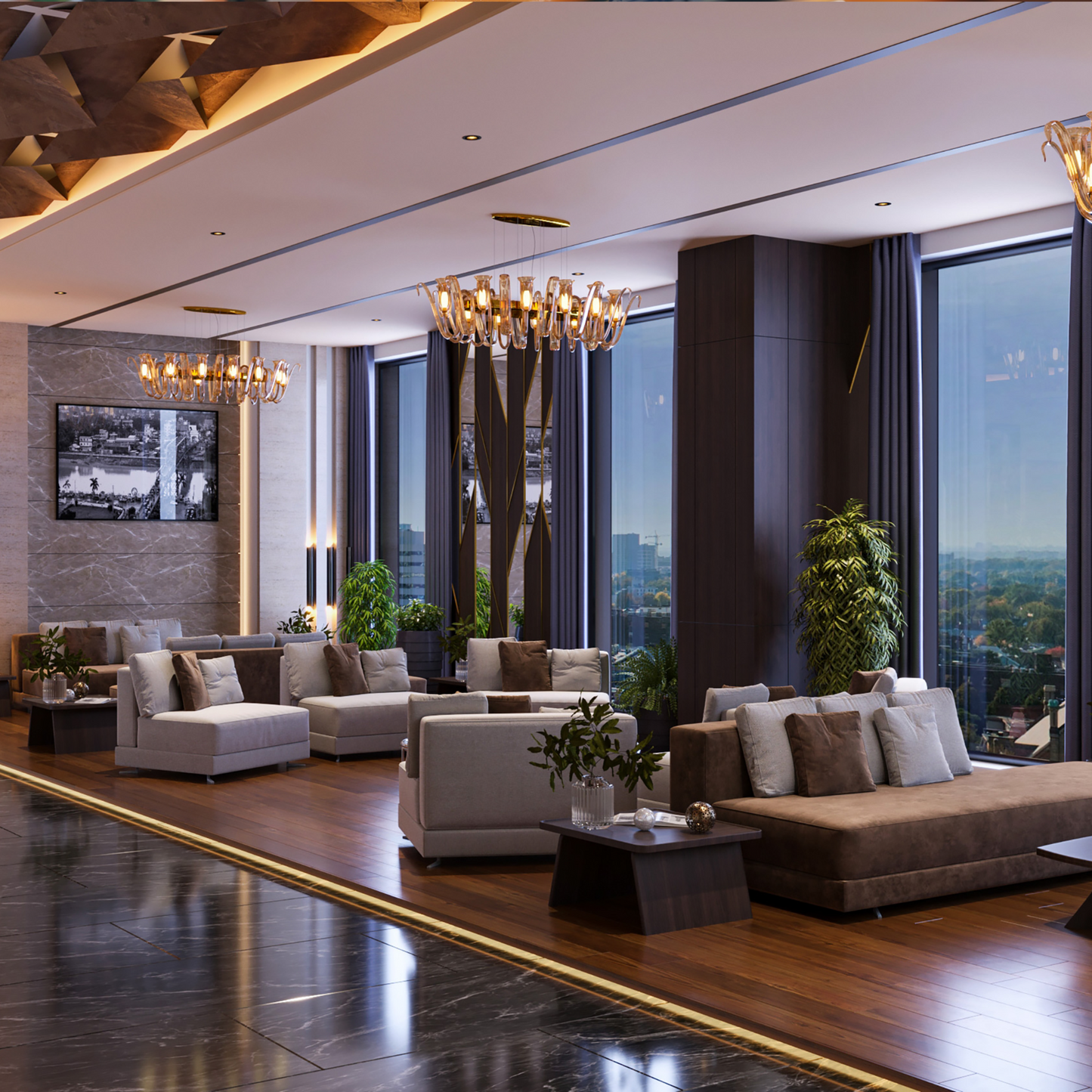 Modern living room with large windows, stylish furniture, and decorative elements.