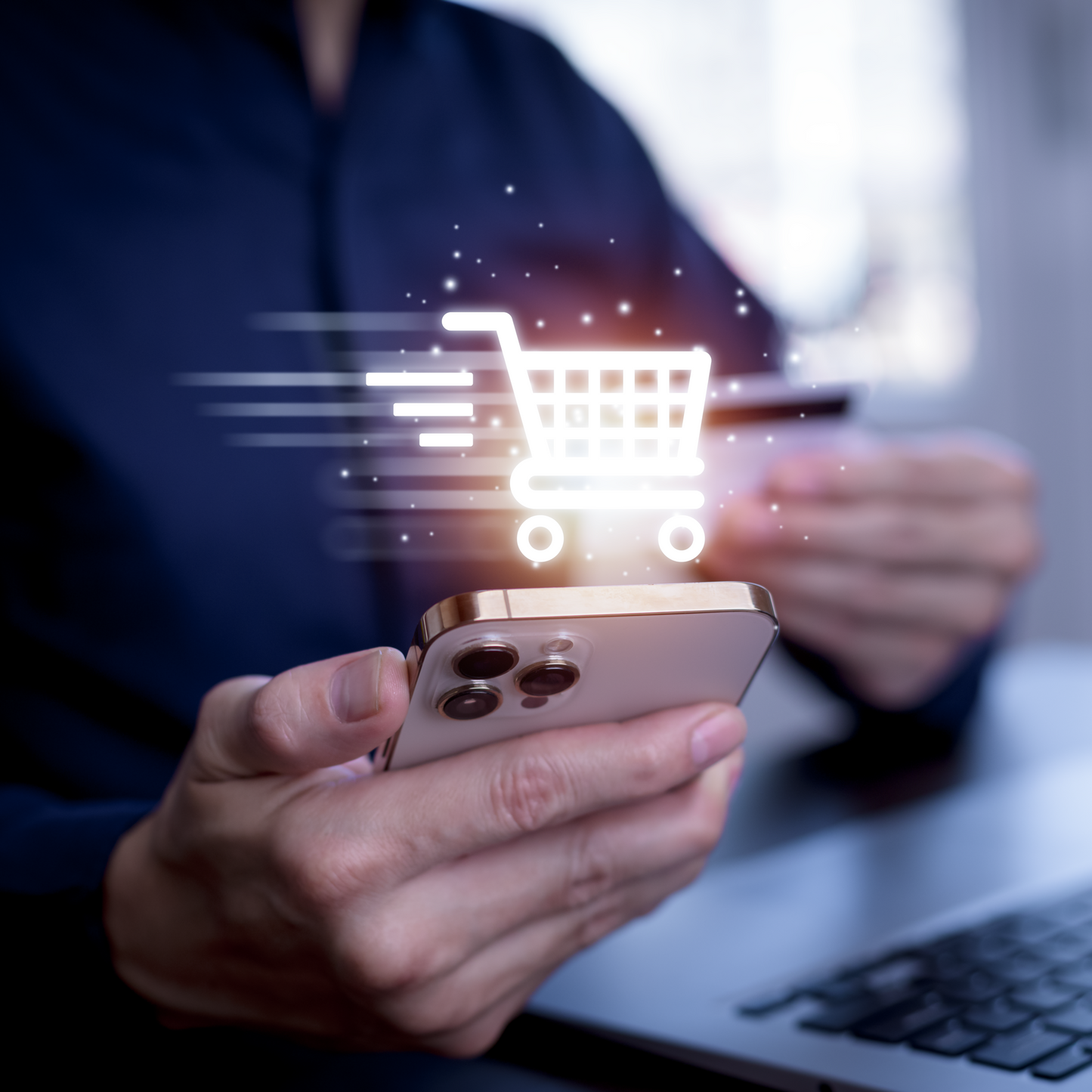 Person holding a smartphone with a glowing shopping cart icon, indicating online shopping.